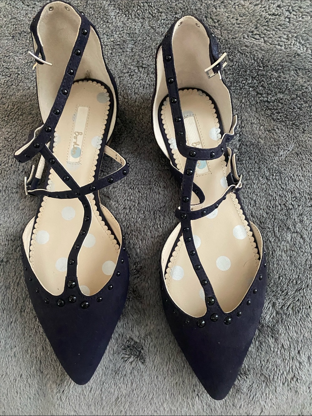 Boden Navy Pointed-Toe T-Strap Studded Flats